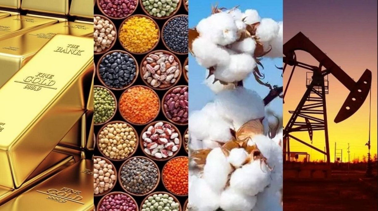 Examples of commodities from the agricultural and mineral sectors. Exemplos de matérias-primas do setor agrícola e mineral: barras de ouro, várias leguminosas, algodão, produção de petróleo