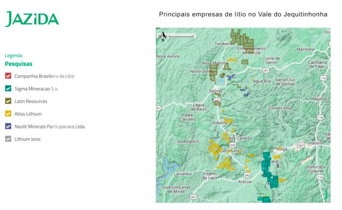 Main companies in the Jequitinhonha Valley Mapa com as empresas mais importantes do Vale do Jequitinhonha