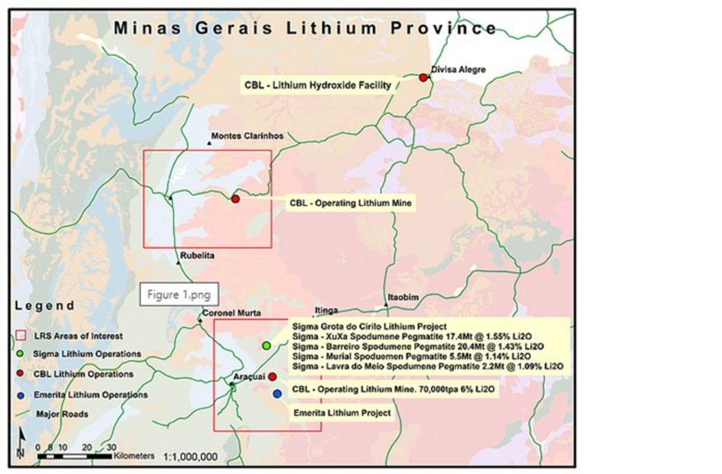 Lithium assets in Minas Gerais Mapa dos depósitos de lítio em Minas Gerais