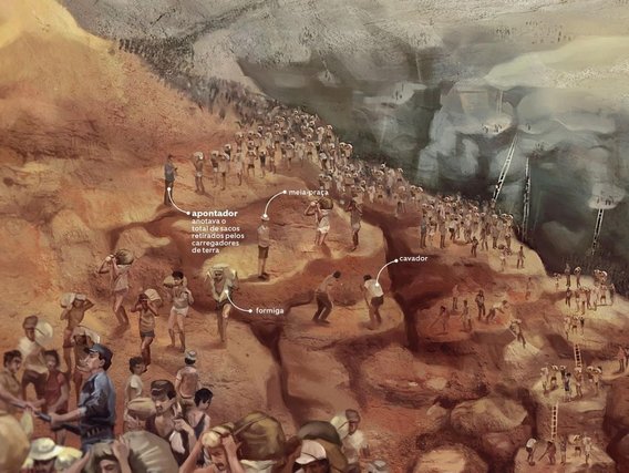 Painting the Serra Pelada mine A pintura retrata mineiros trabalhando. Eles estão sendo supervisionados por supervisores.